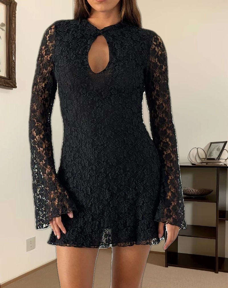 Silvanna Keyhole Mini Dress in Lace Black