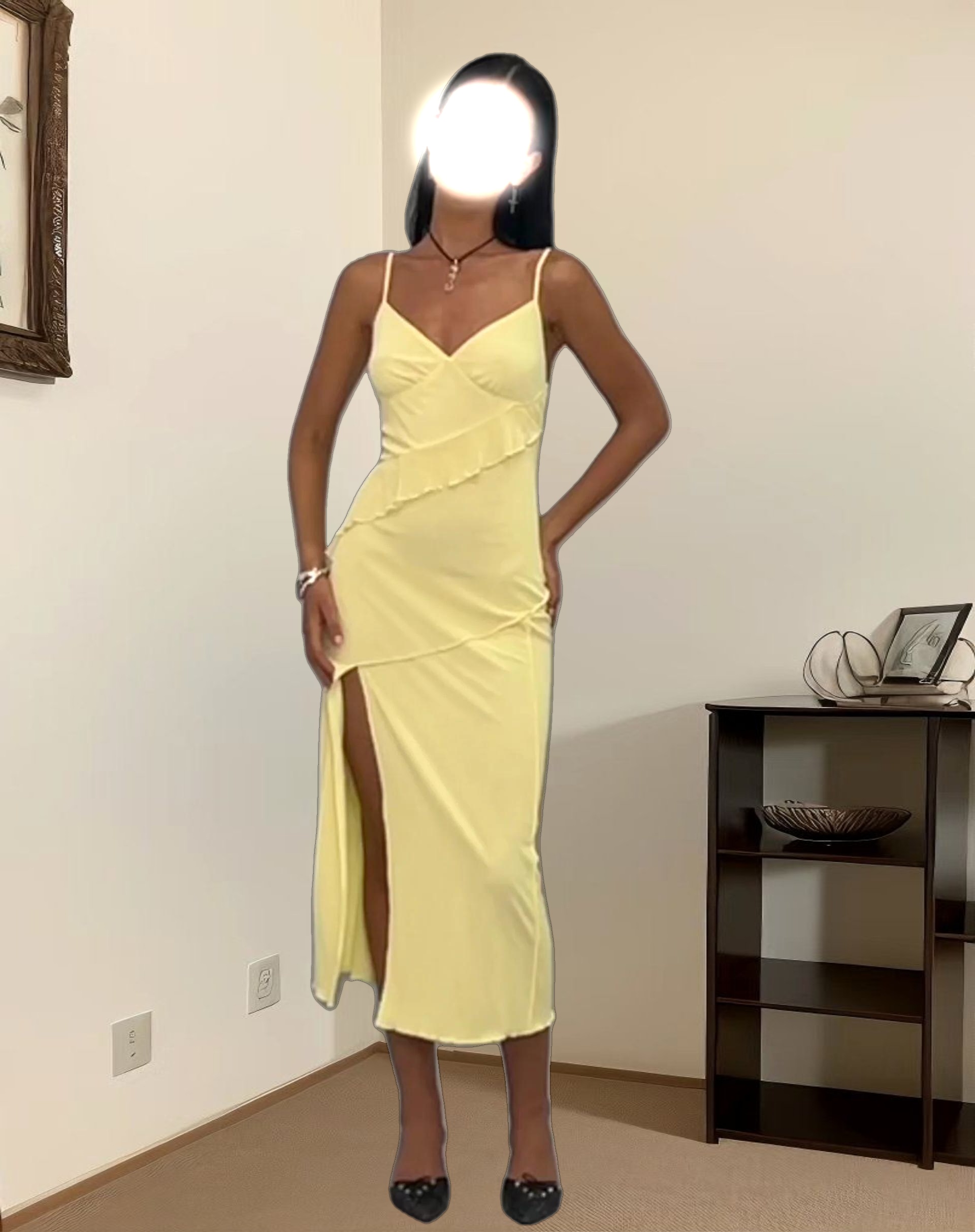 Jacy Ruffle Midi Dress in Mesh Lemon