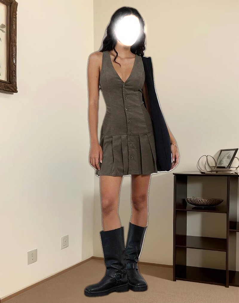 Starrin Button Mini Dress in Cord Brown