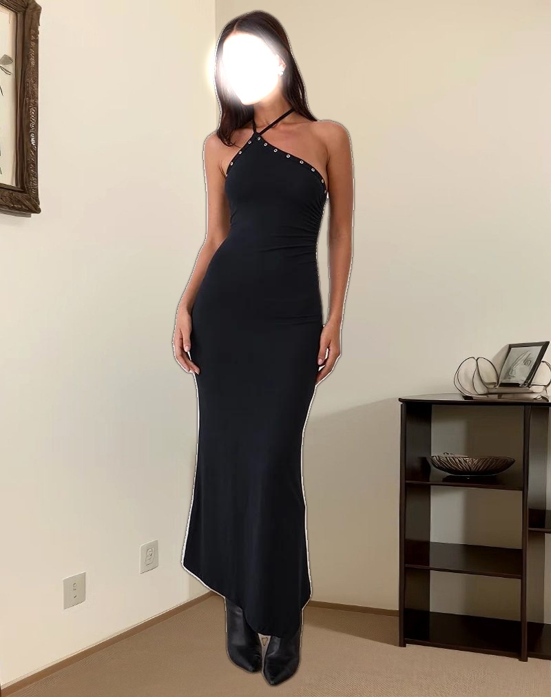 Ishikawa Asymmetrical Maxi Dress with Eyelets in Black