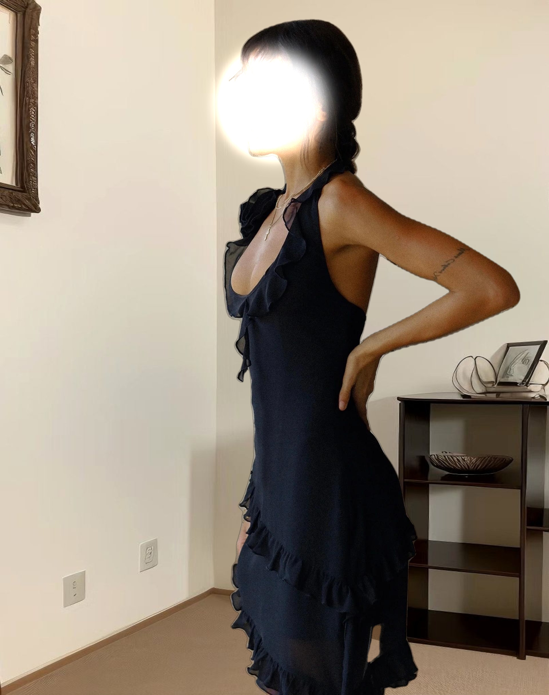 Margaret Ruffle Mini Dress in Black Chiffon with Rosette