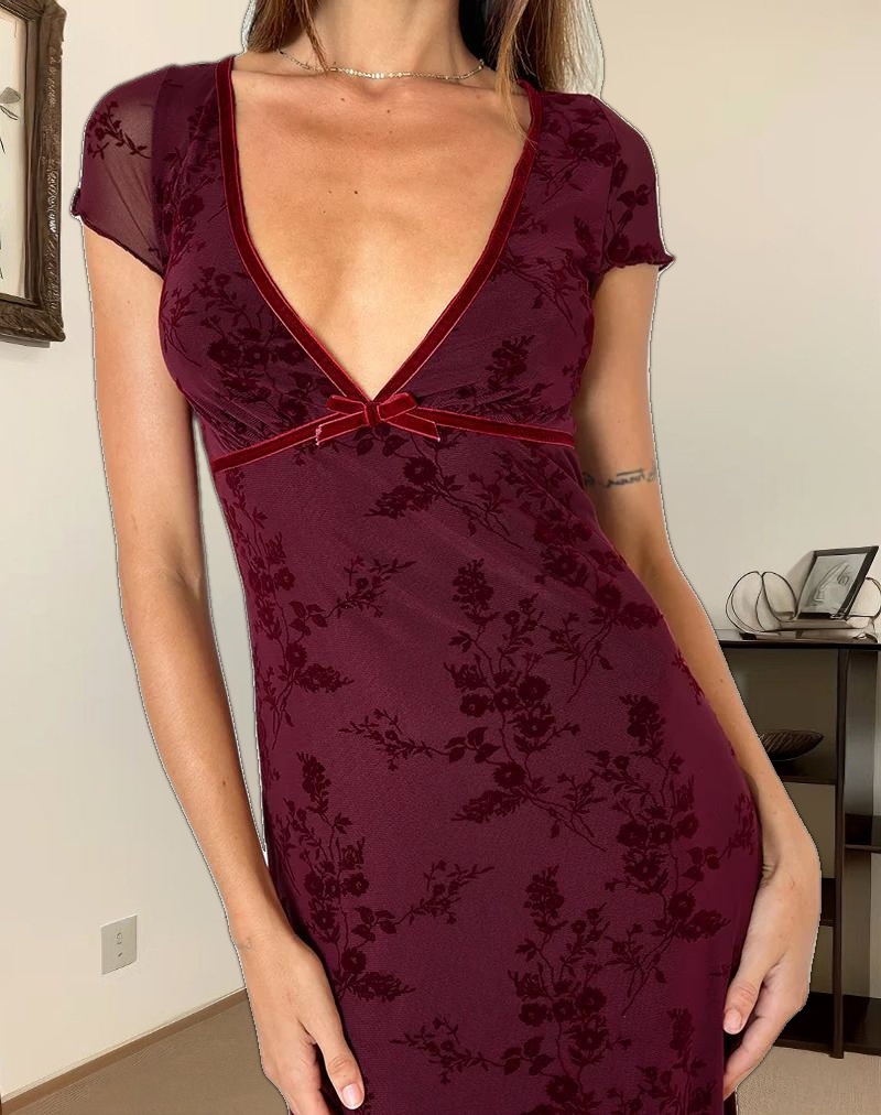 Vilinia Midi Dress in Botanical Flower Maroon