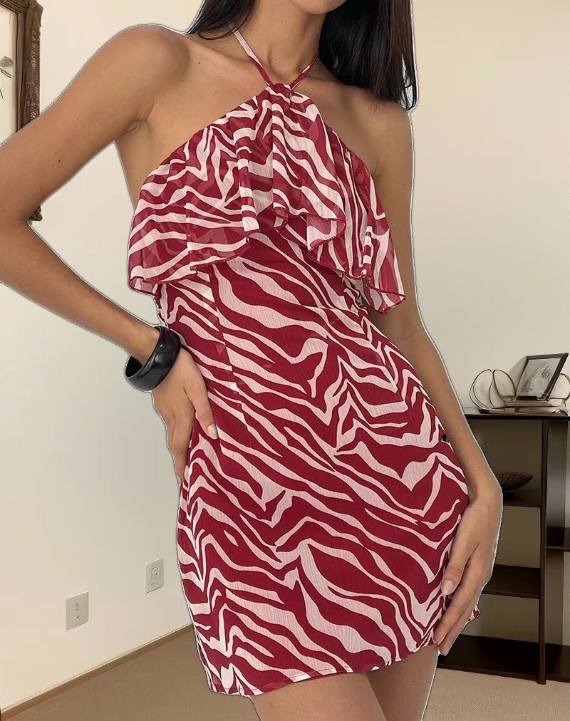 Beyza Halter Mini Dress in Zebra Print Red