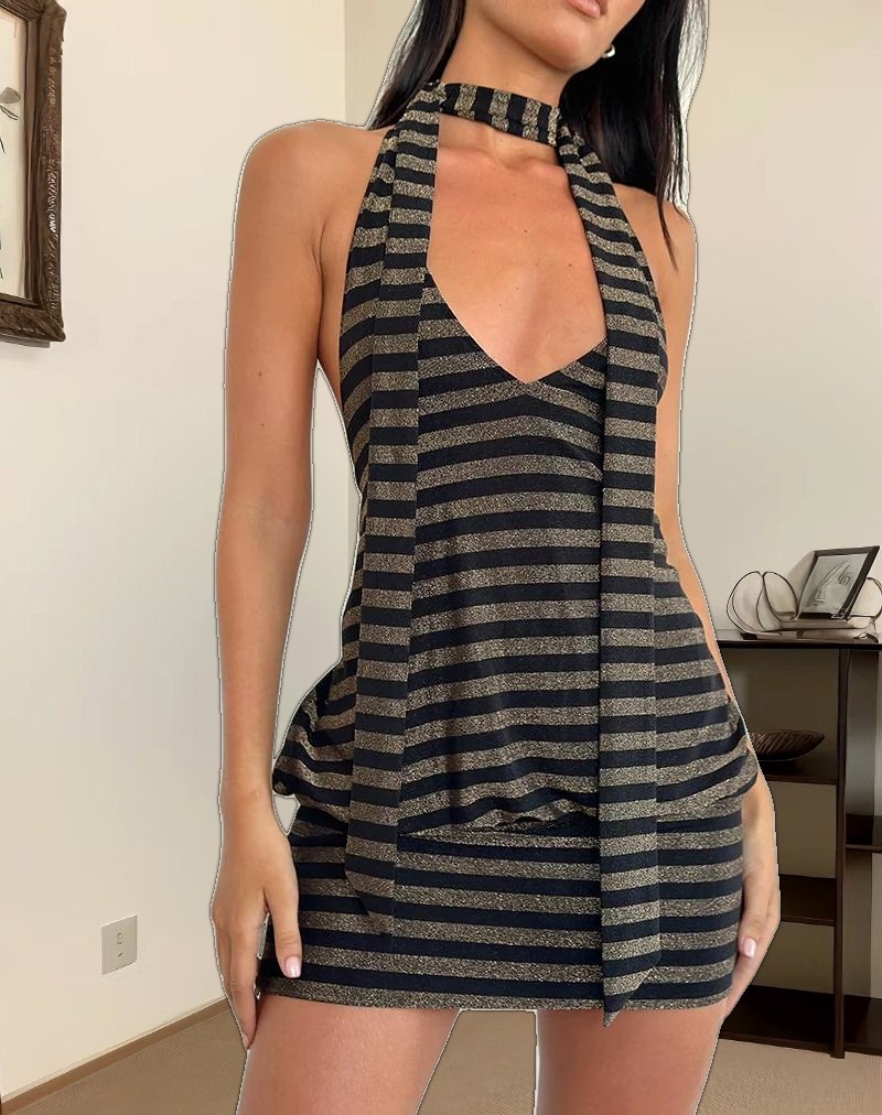 Daphnis Backless Halterneck Mini Dress in Lurex Gold Stripe