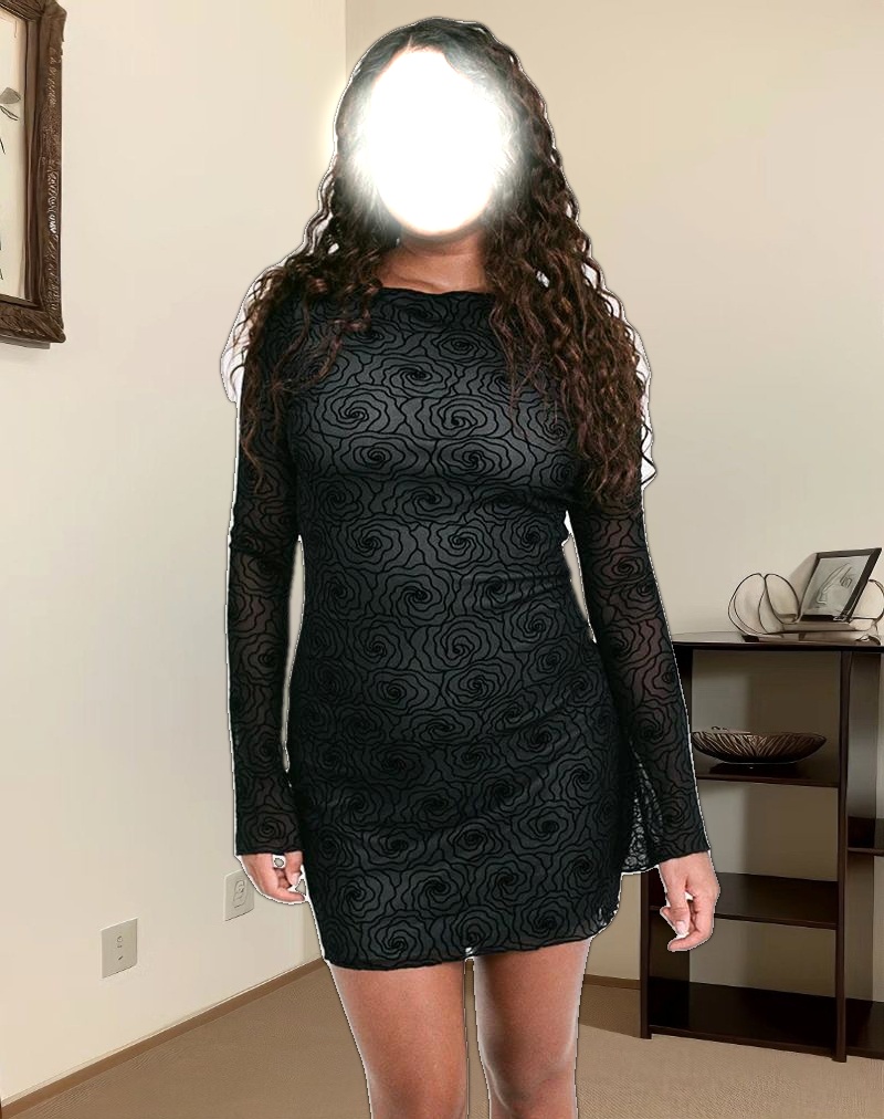 Sevila Long Sleeve Mini Dress in Mesh Black Abstract Flower Flock