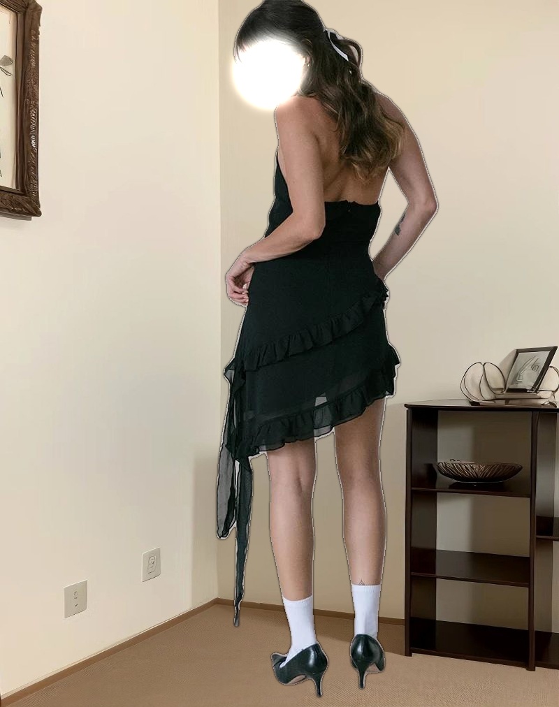 Margaret Ruffle Mini Dress in Black Chiffon with Rosette