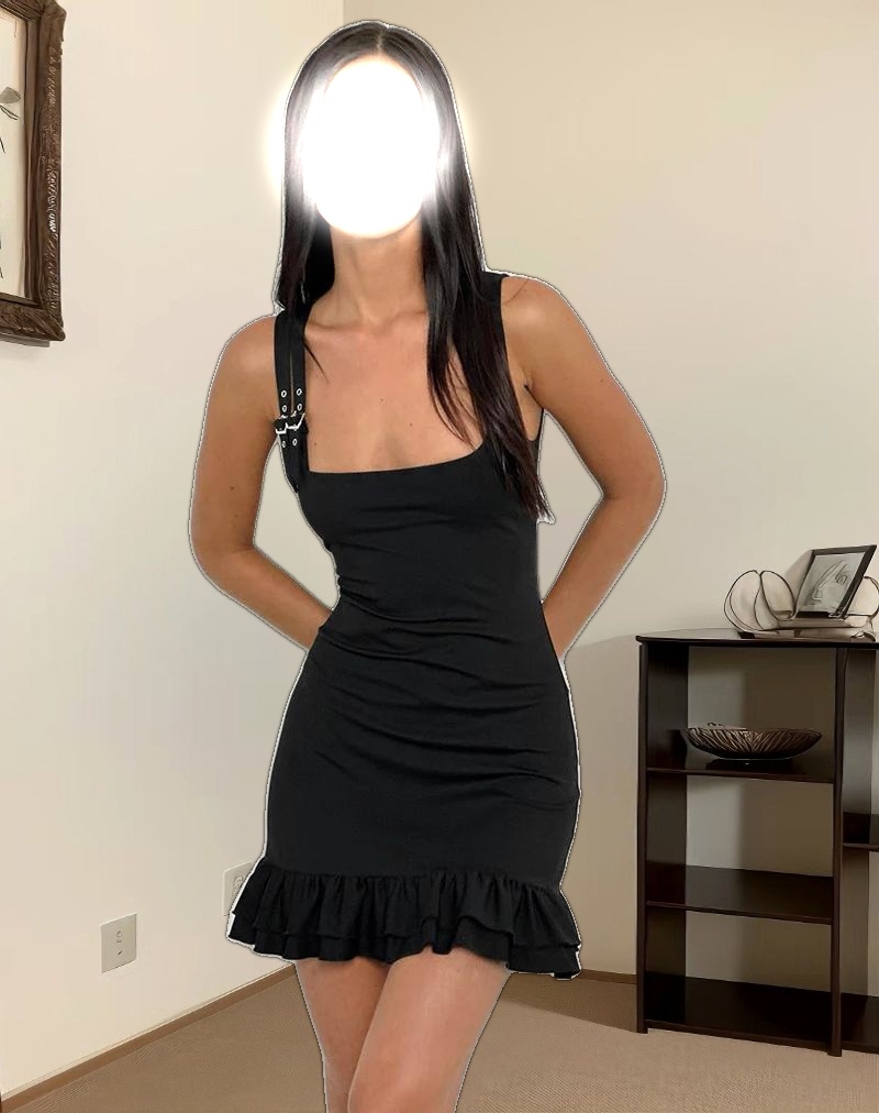 Jessa Ruffle Hem Buckle Strap Mini Dress in Black