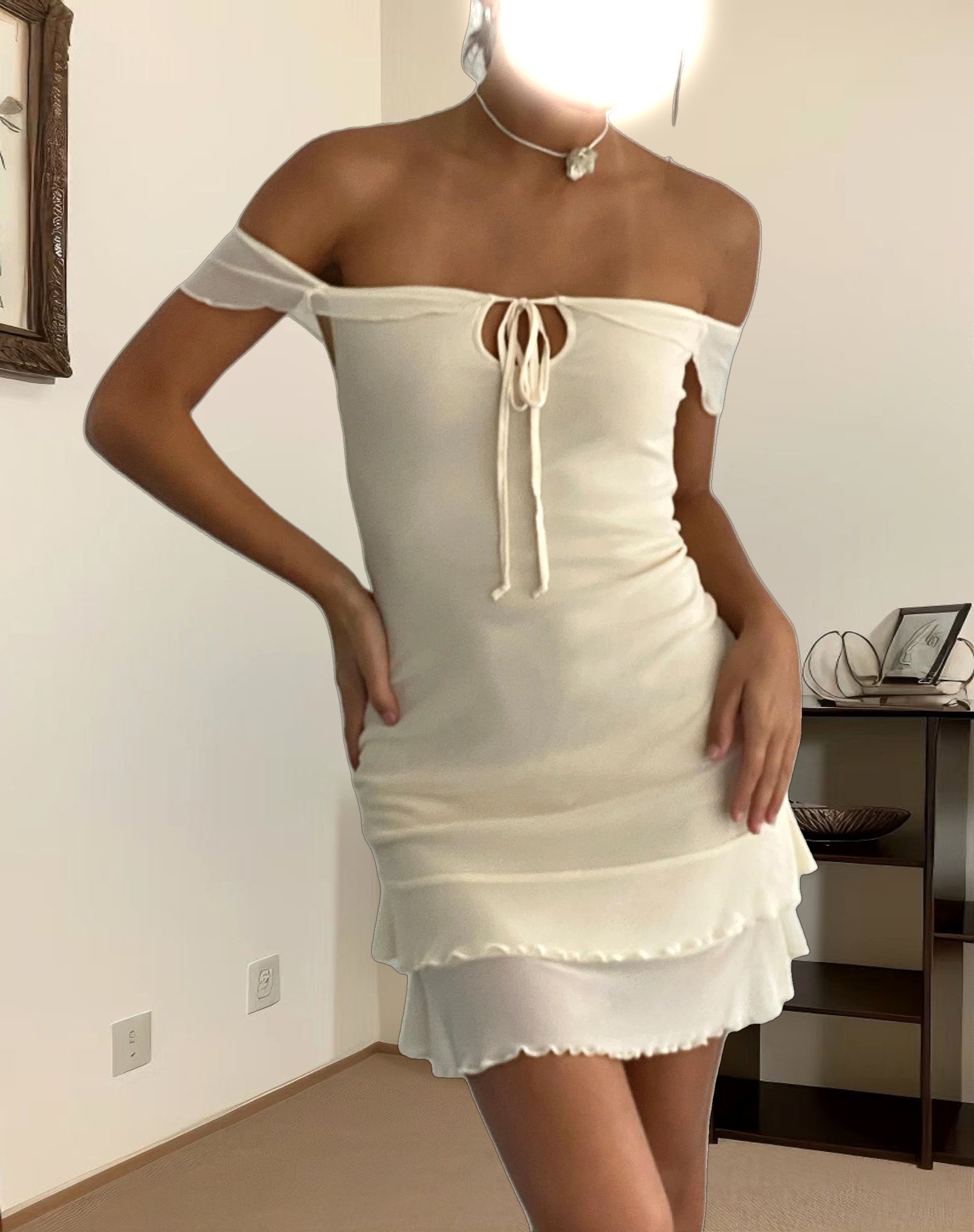 Valory Bardot Mini Dress in Ivory Mesh