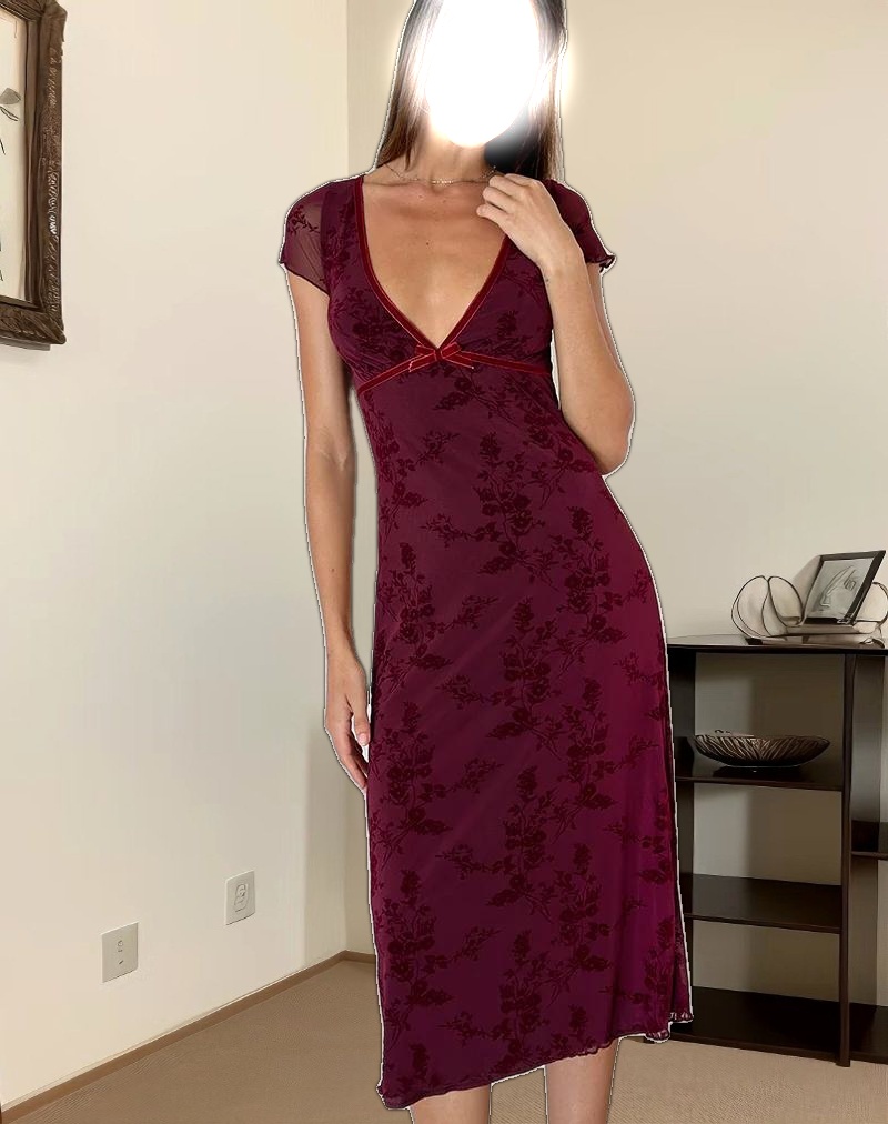 Vilinia Midi Dress in Botanical Flower Maroon