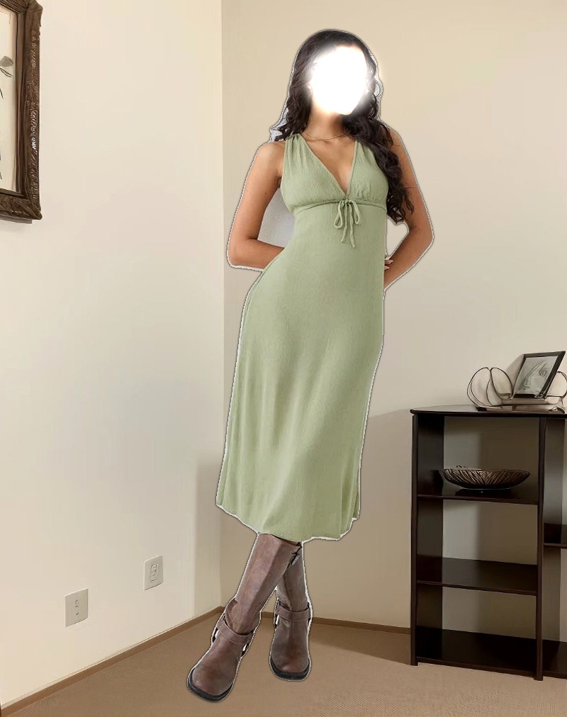 Havisla Tie Front Midi Dress in Sage Green