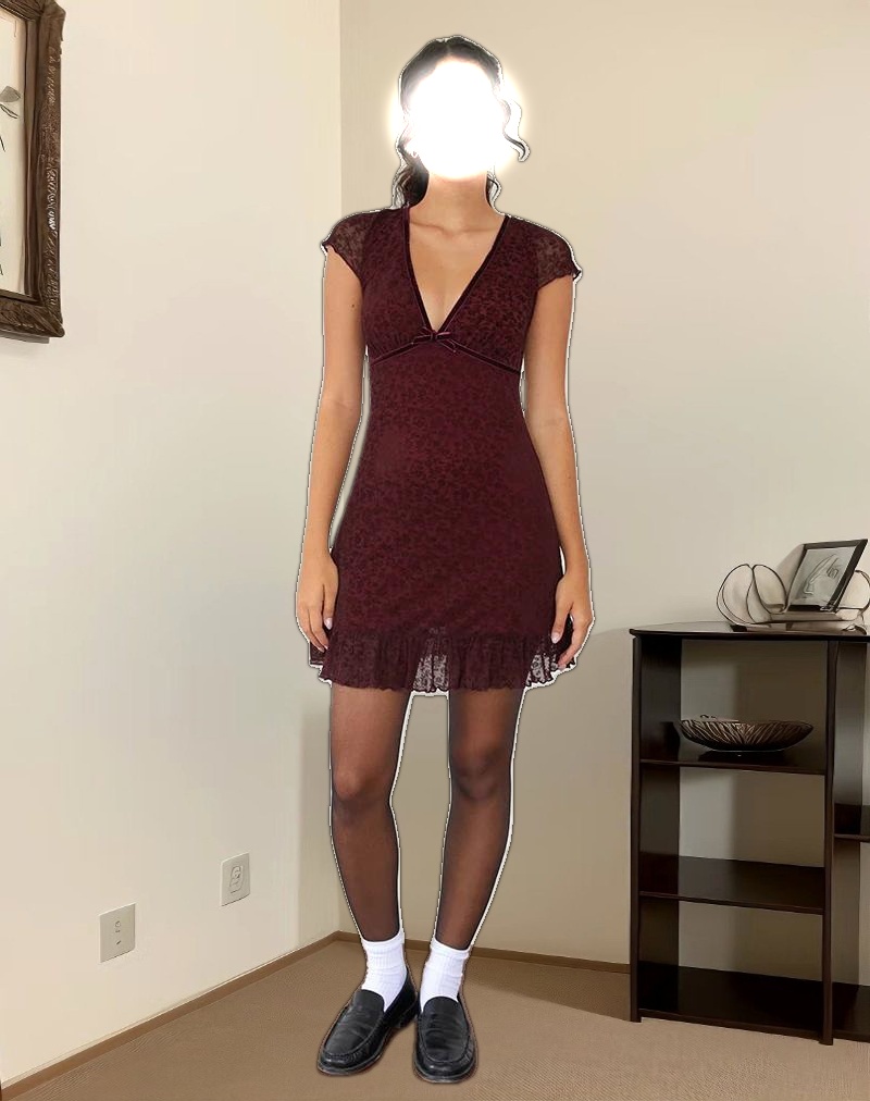 Melva Mini Dress in Ditsy Flock Burnt Maroon