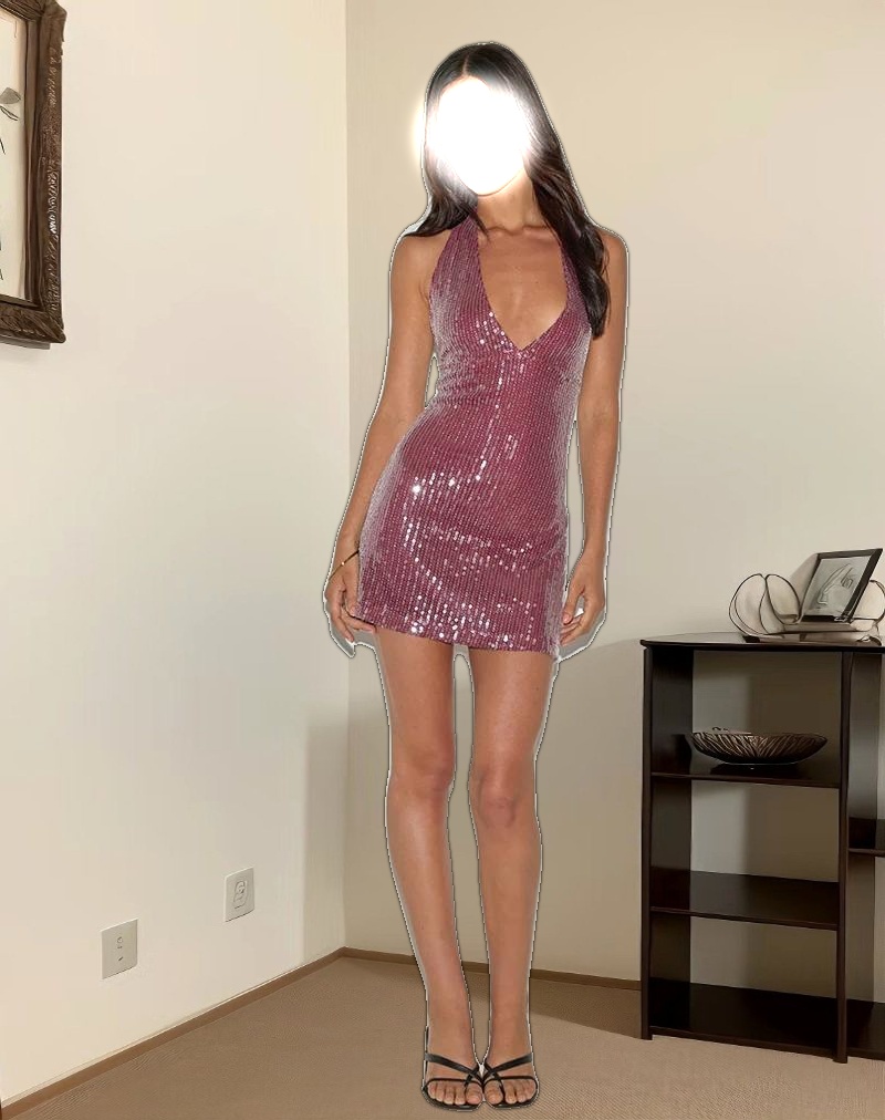 Hepasi Halter Mini Dress in Clear Sequin Maroon