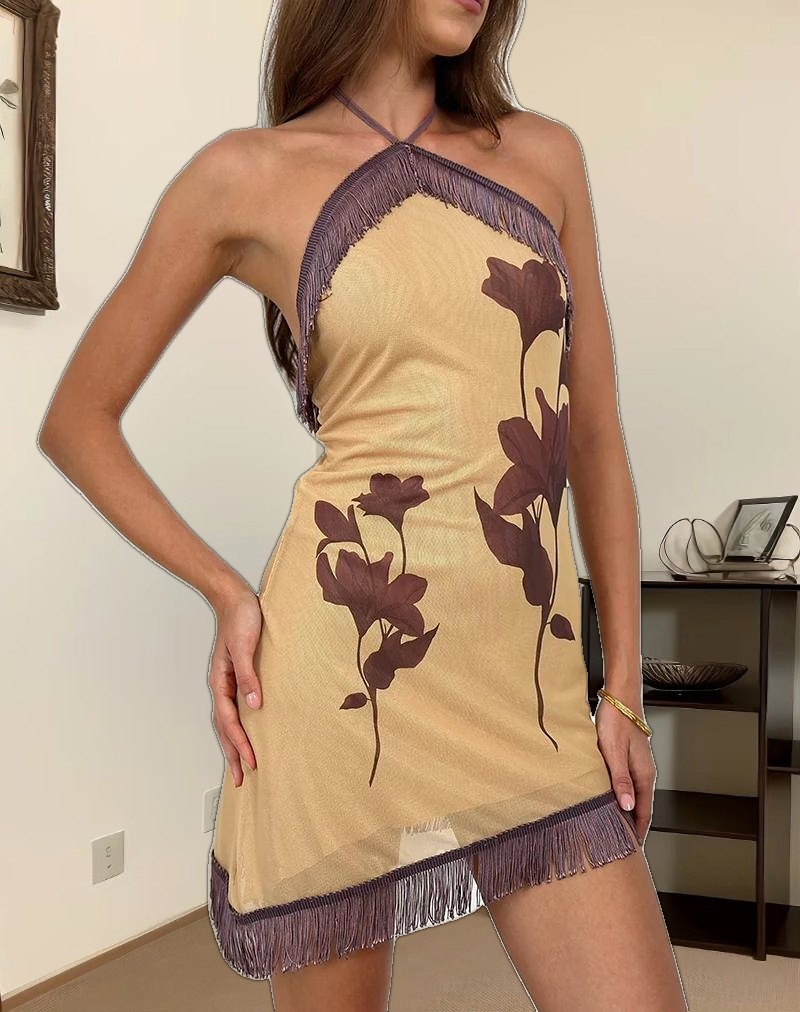 Clooney Fringe Dress in Flower Yellow Brown
