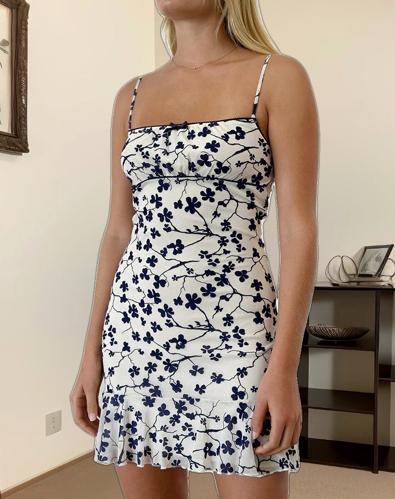 Tery Mini Dress in Grunge Floral Flock Cream