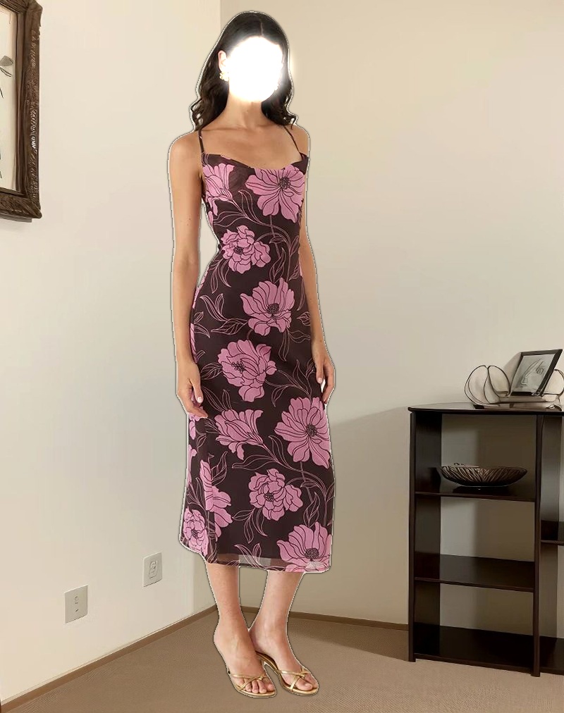 Rujira Cowl Midi Dress in Flare Floral Pink Brown