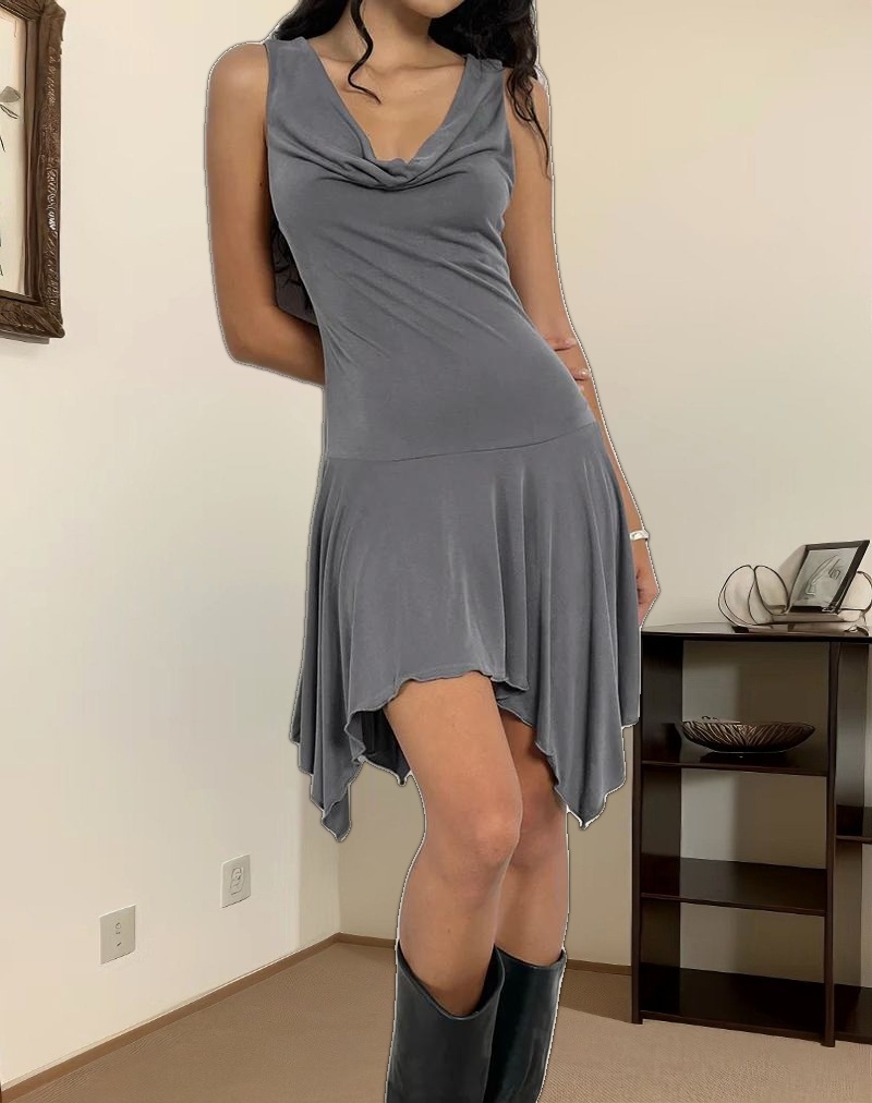 Briar Waterfall Mini Dress in Cupro Grey