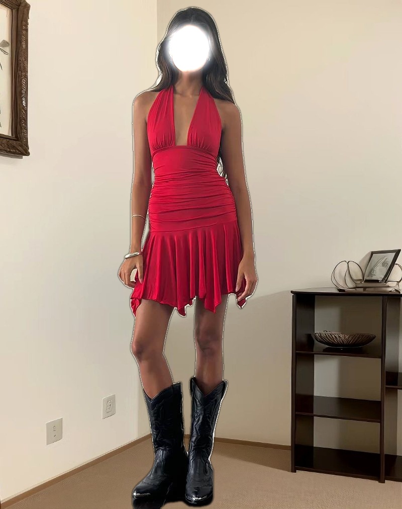 Winslet Plunge Mini Dress in Slinky Red