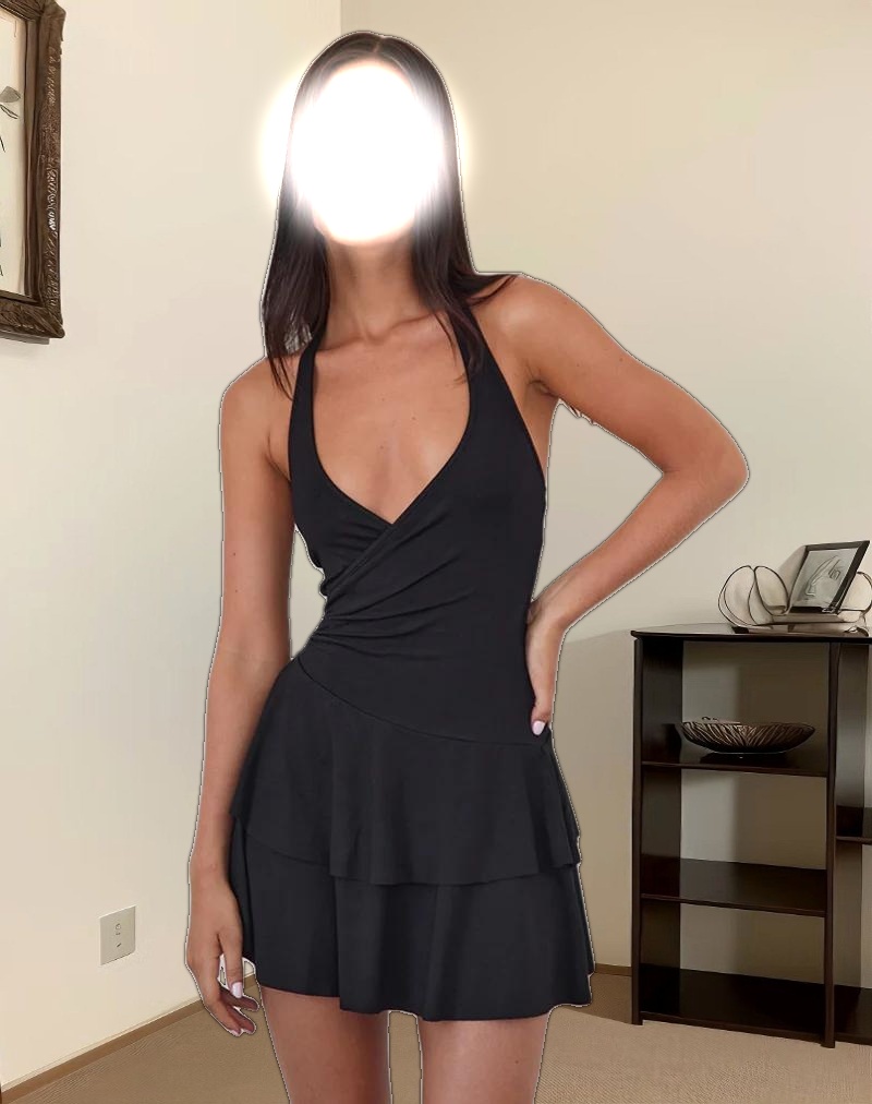 Semary Plunge Wrap Mini Dress in Black