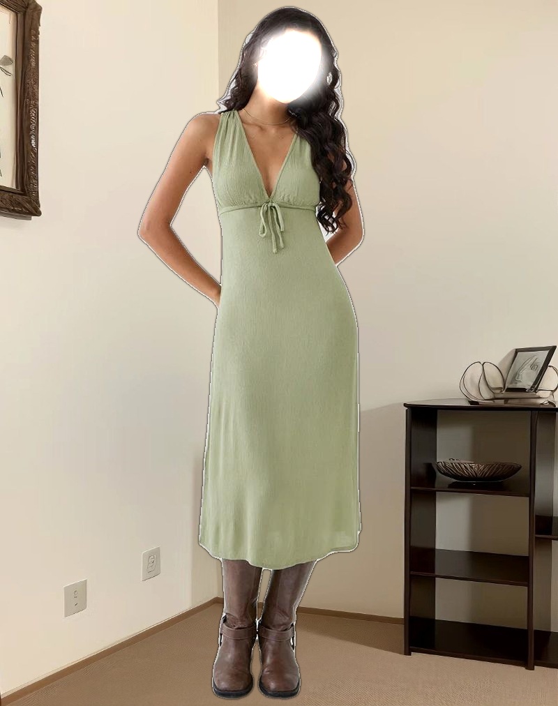 Havisla Tie Front Midi Dress in Sage Green