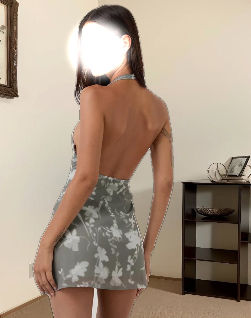 Liri Halterneck Mini Dress in Blurred Floral Grey