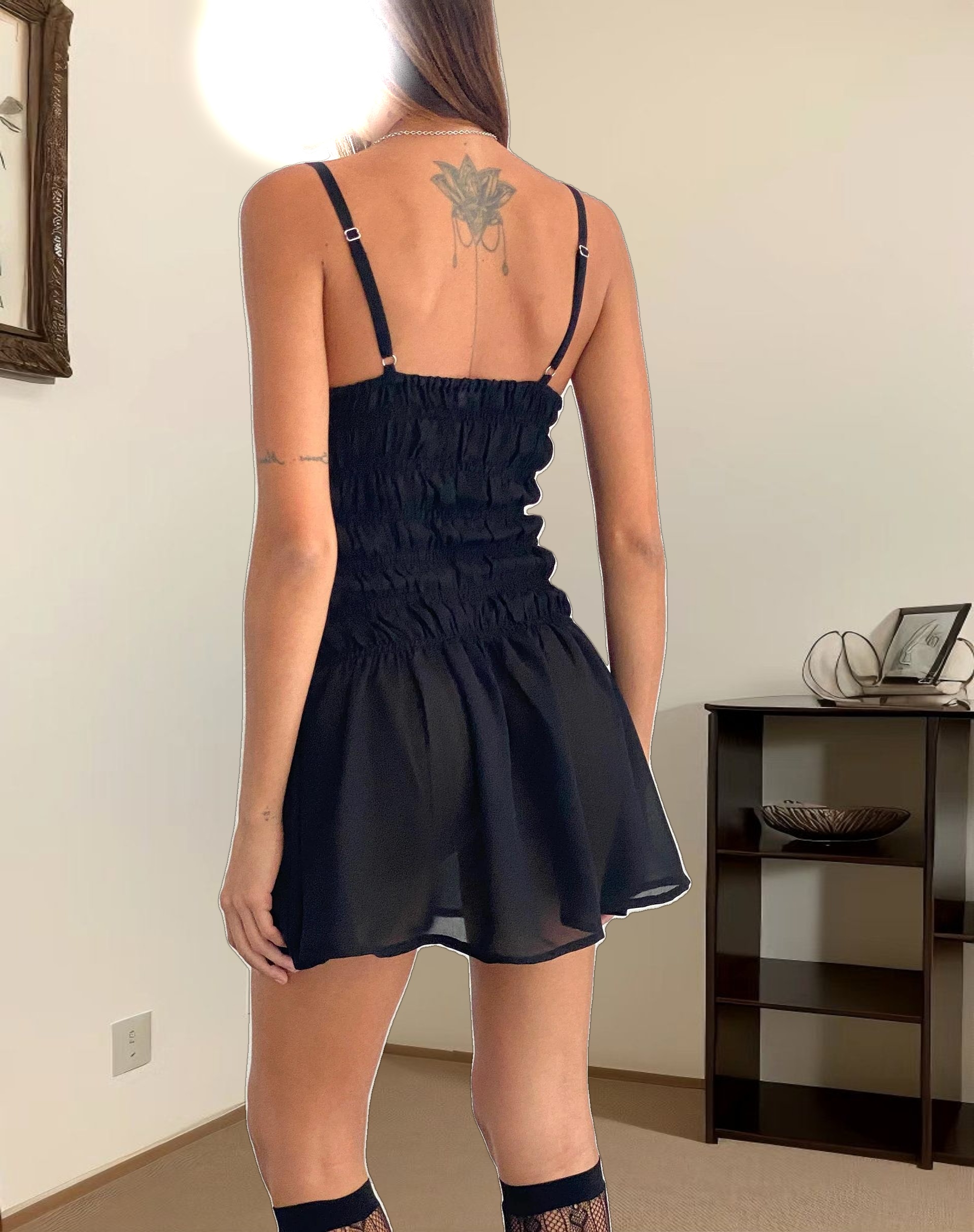 Axely Shirred Mini Dress in Chiffon Black