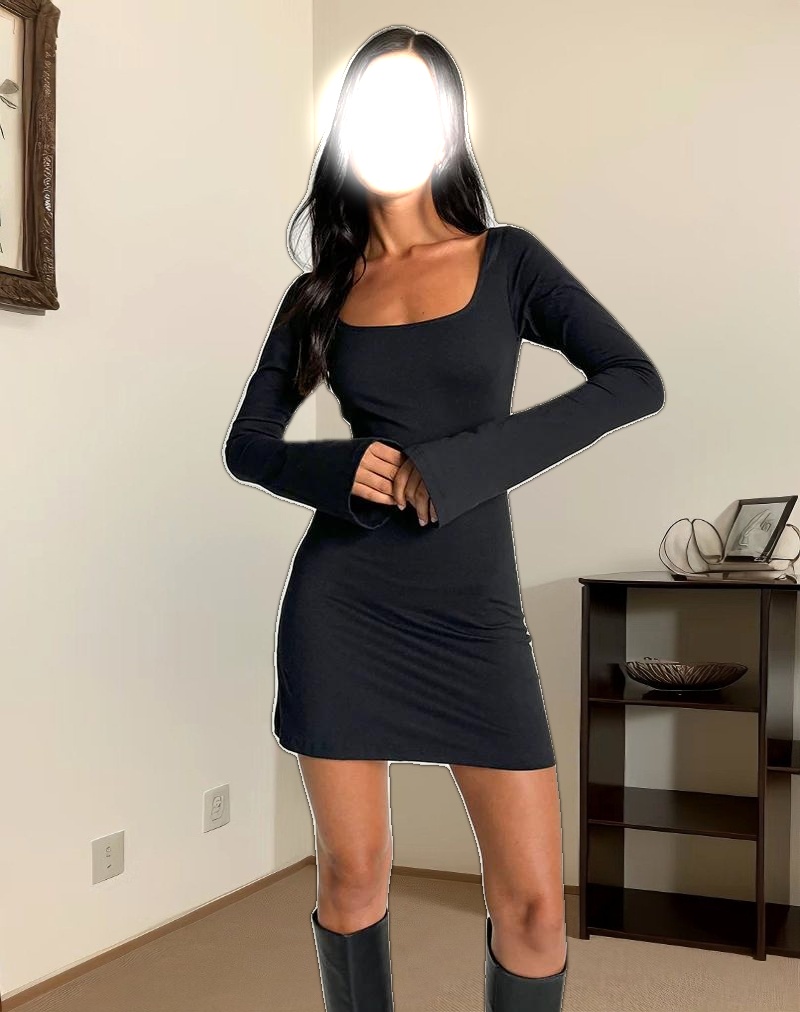 Lulusia Scoop Neck Long Sleeve Mini Dress in Black