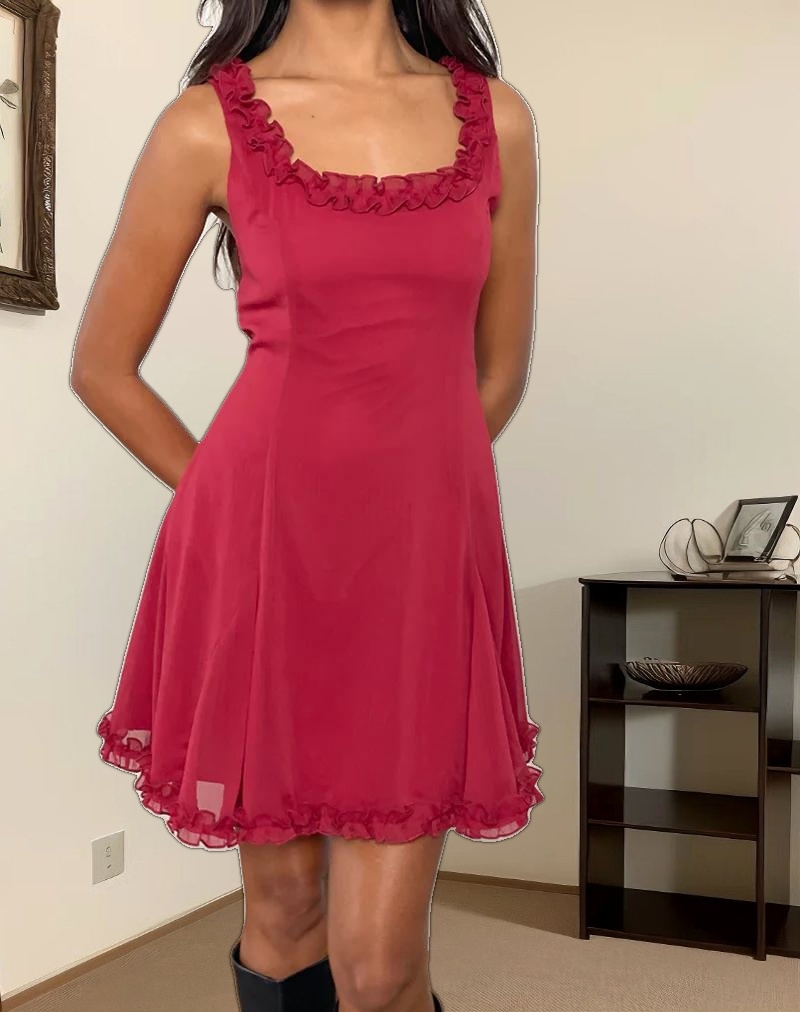 Fulvia Slip Mini Dress with Ruffles in Deep Red