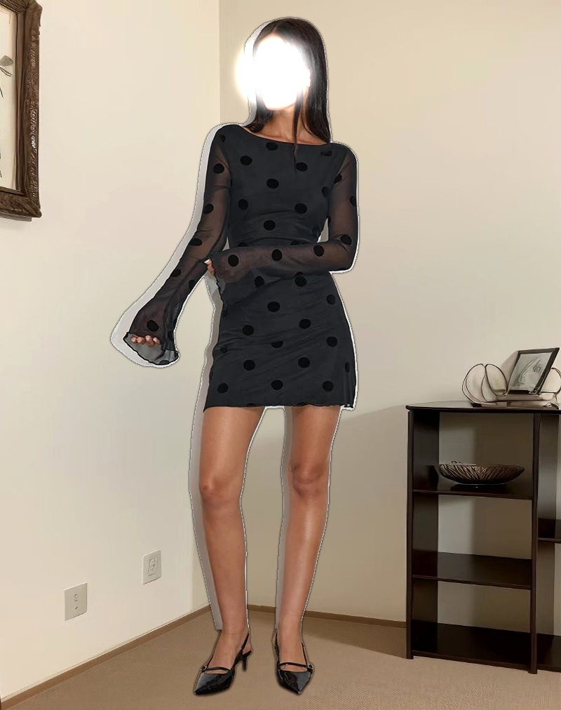 Dasa Long Sleeve Mini Dress in Big Polka Flock Black