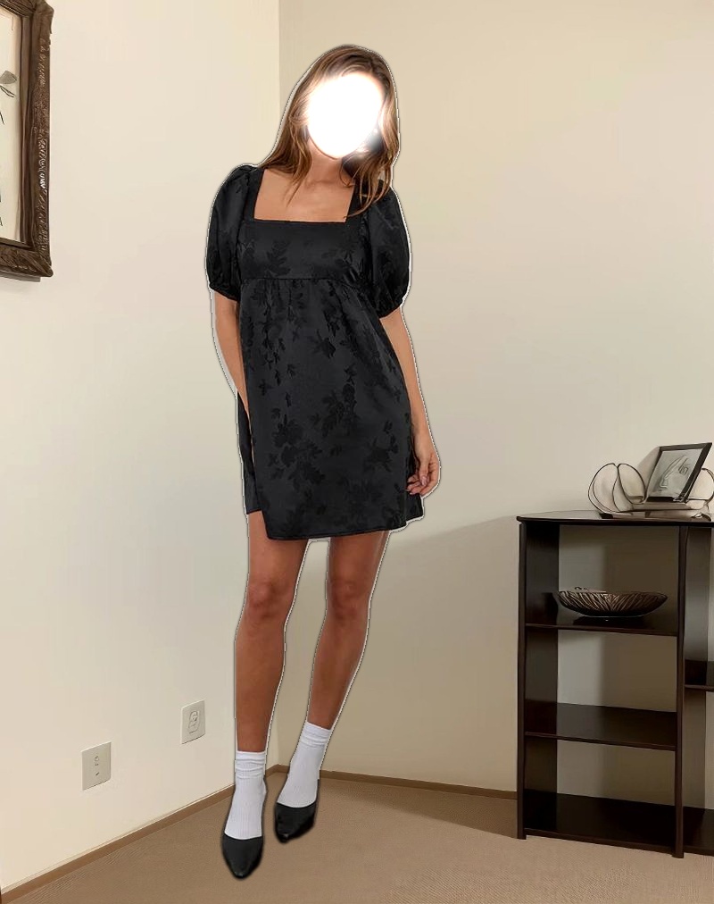 Bimbi Babydoll Mini Dress in Satin Jacquard Black