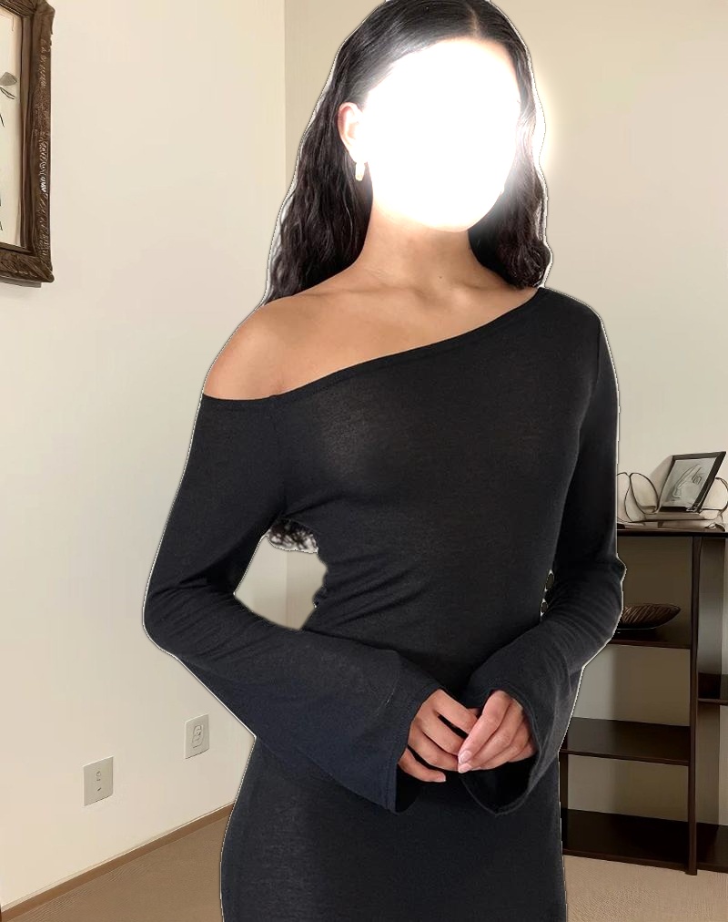 Aldiana Long Sleeve Asymmetric Maxi Dress in Sheer Knit Black