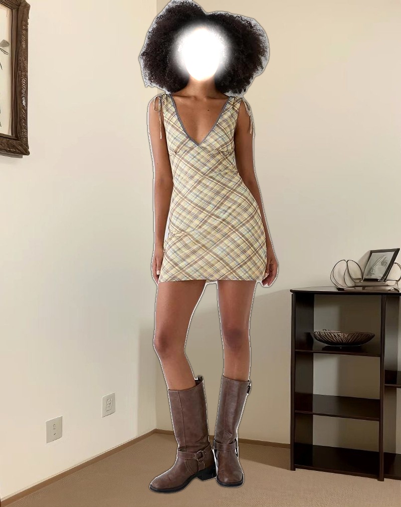 Carmila Gathered Mini Dress in Check Yellow