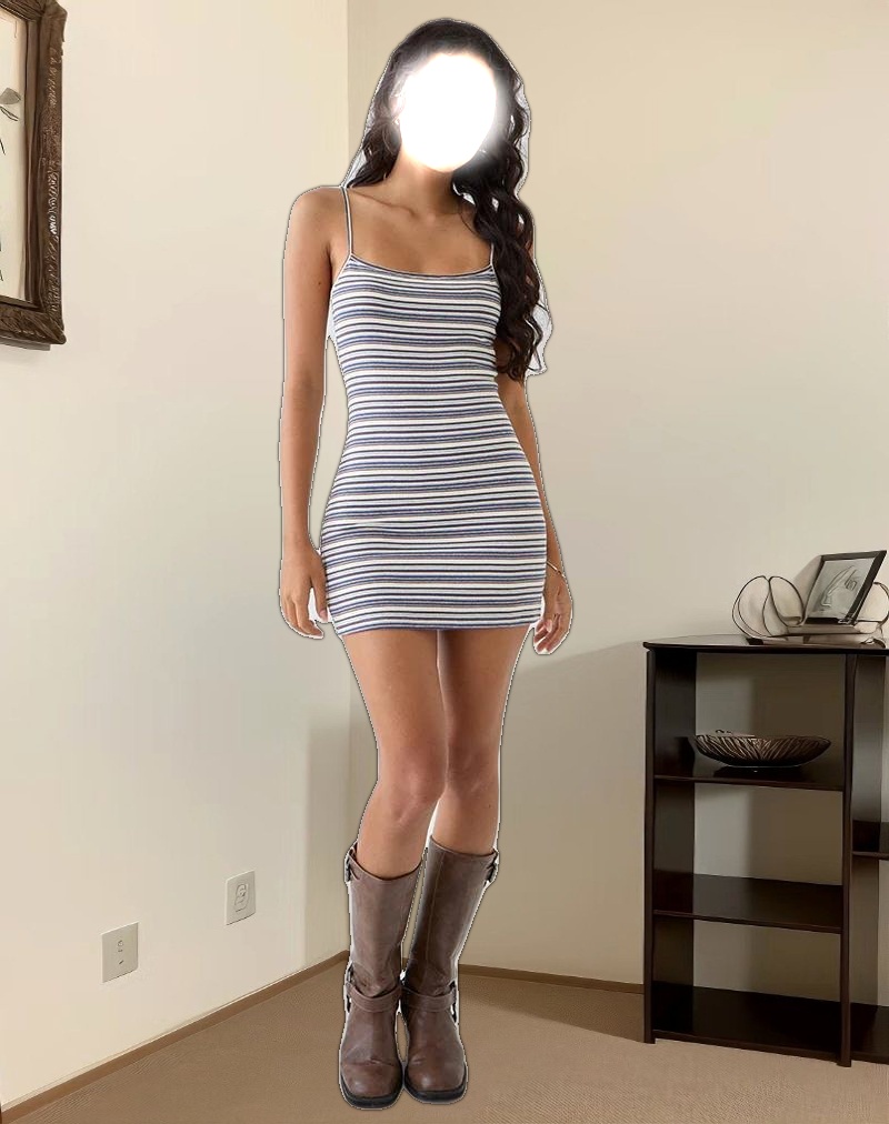 Anzhelina Strappy Mini Dress in Multi Blue Stripe