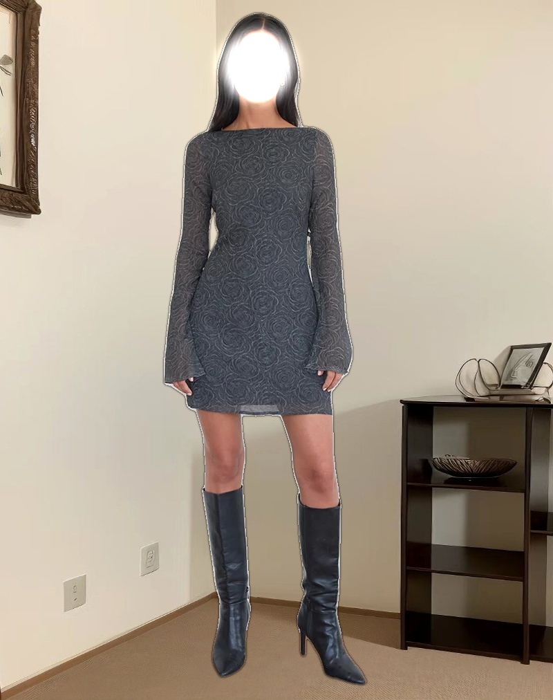 Sava Open Back Long Sleeve Mini Dress in Black Floral Chiffon