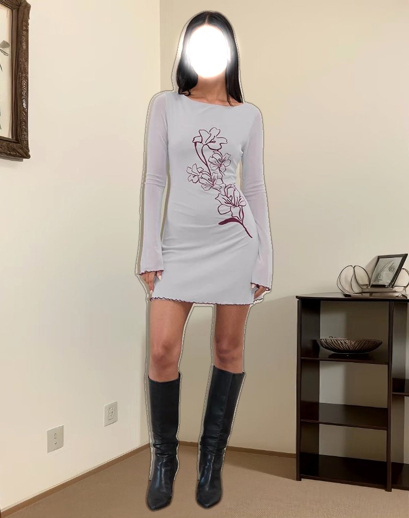 Satoli Mini Dress in Mono Flower Flock Pale Grey