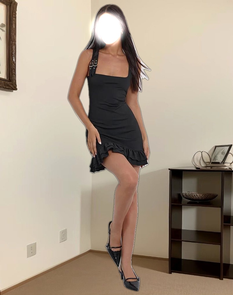 Jessa Ruffle Hem Buckle Strap Mini Dress in Black