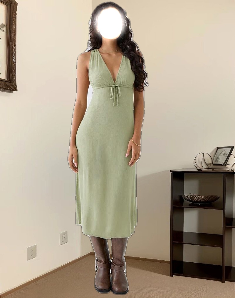 Havisla Tie Front Midi Dress in Sage Green