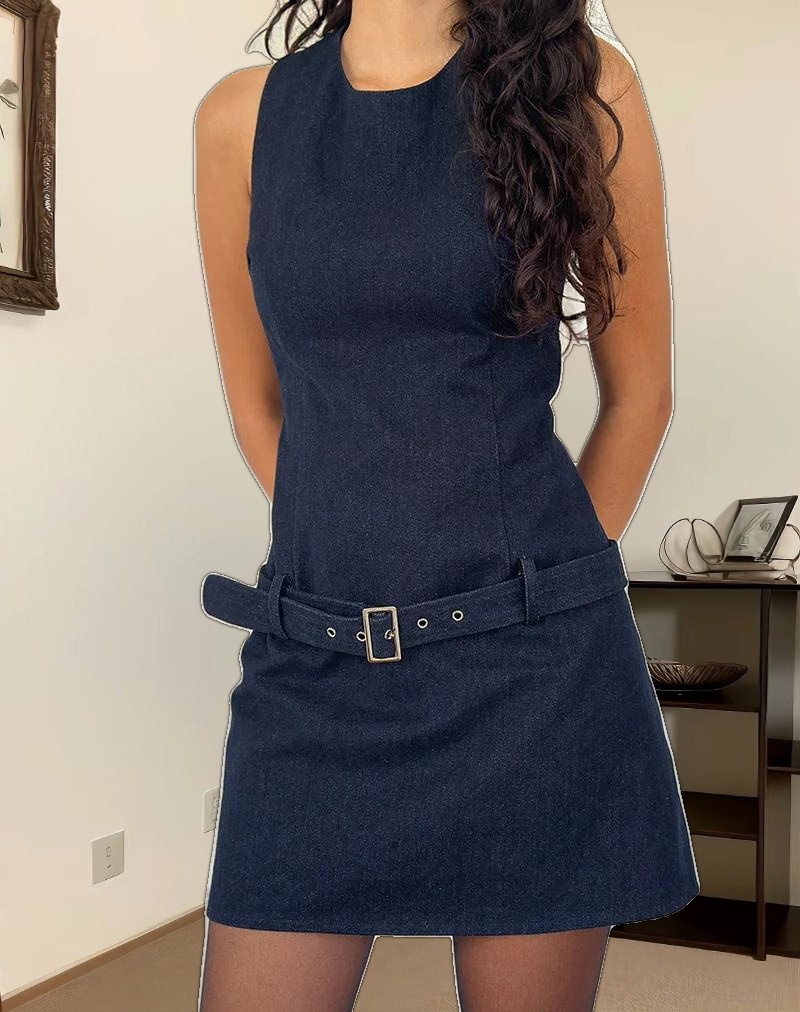 Dilshan Belted Mini Dress in Chambray Indigo