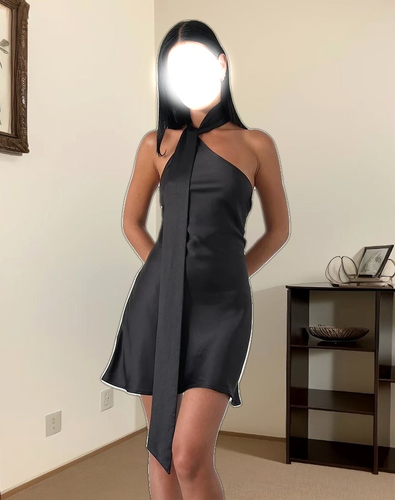 Brigid One Shoulder Satin Dress in Black