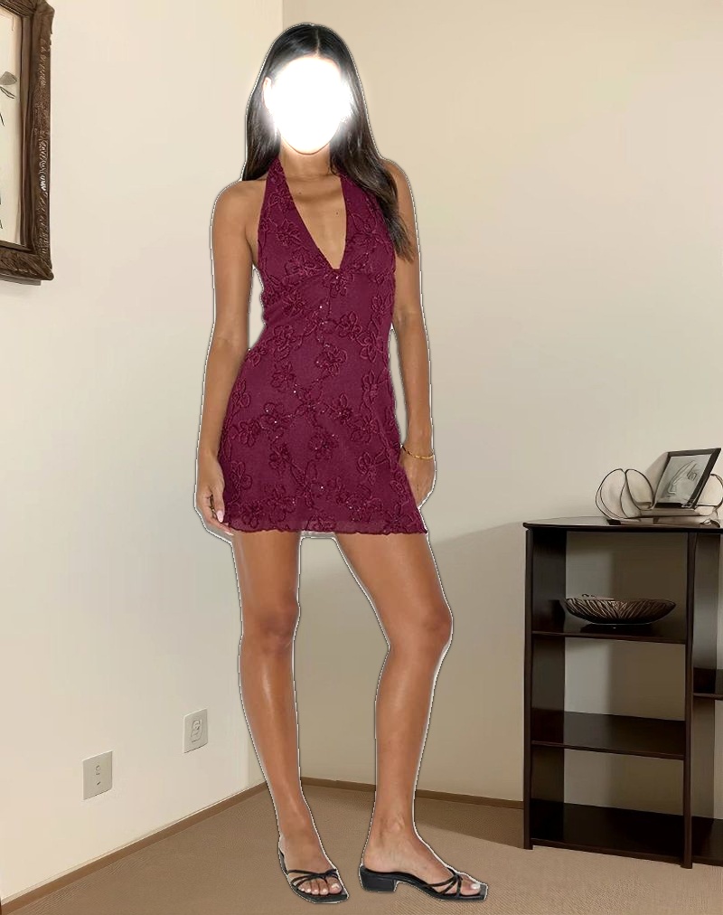 Codami Halterneck Mini Dress in Sequin Knit Burgundy