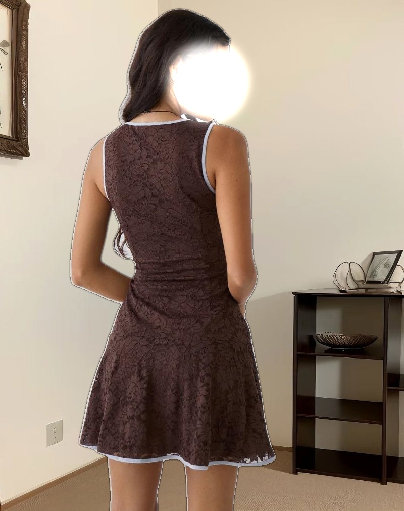 Luscian Mini Dress in Lace Chocolate with Blue Binding