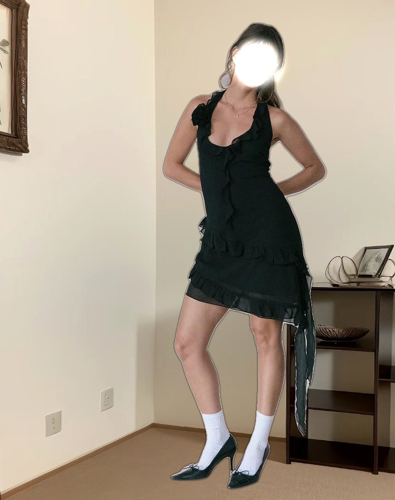 Margaret Ruffle Mini Dress in Black Chiffon with Rosette