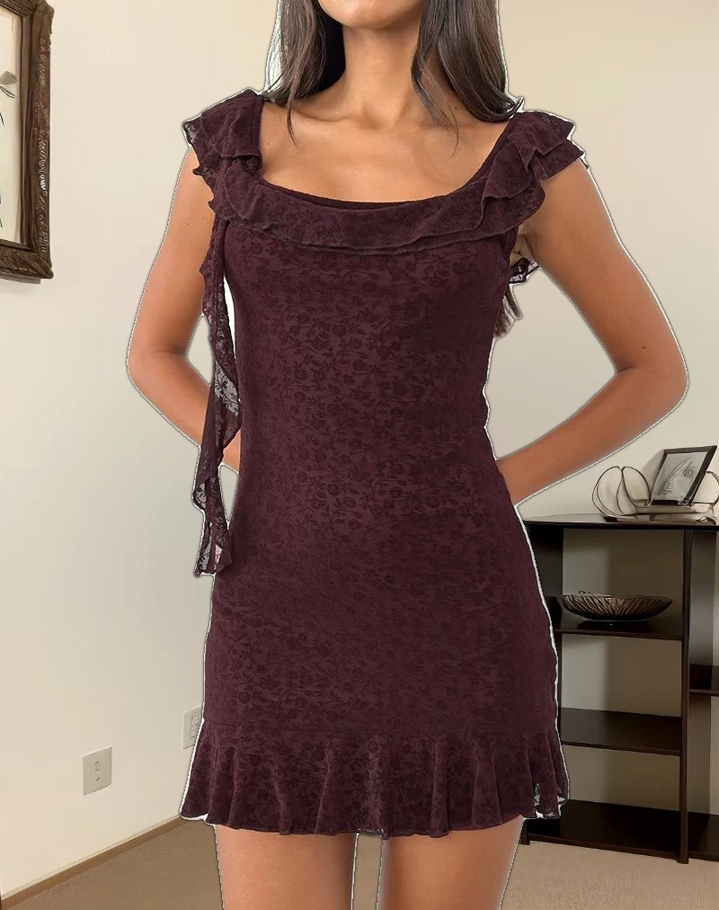 Rolita Mini Dress in Ditsy Flock Burnt Maroon