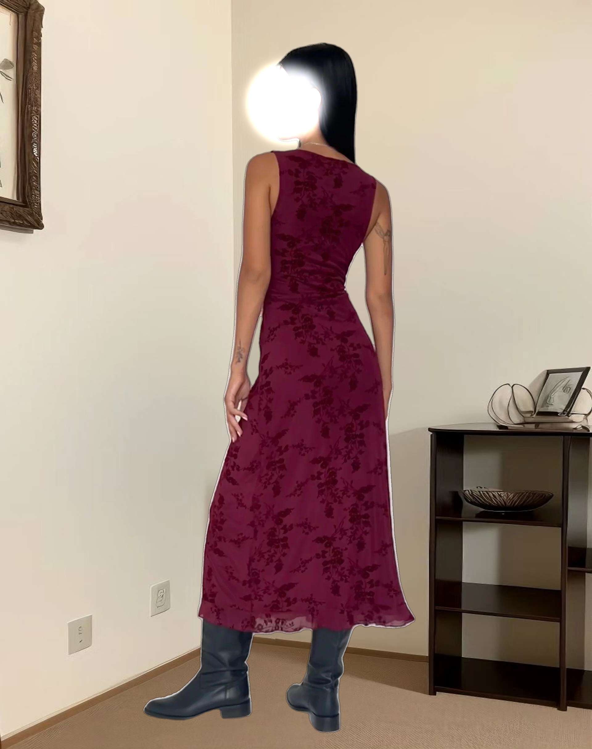 Gabriela Midi Dress in Botanical Flower Maroon