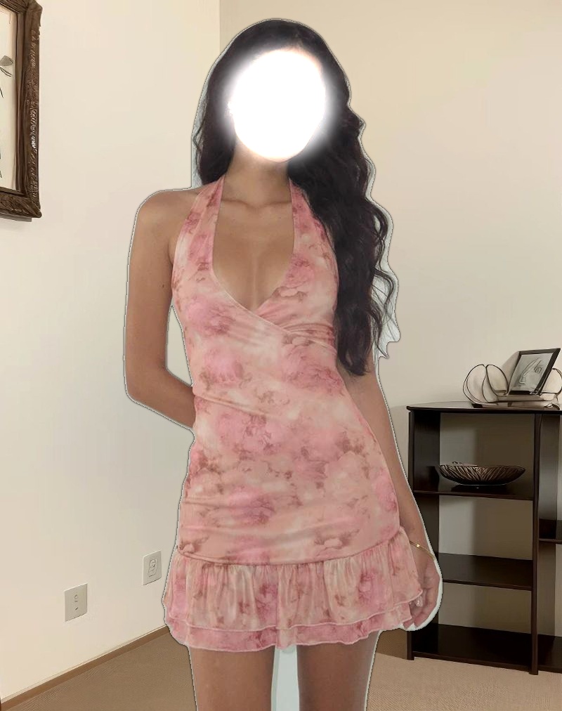 Yoriko Halterneck Mini Dress in Smoky Floral Peach