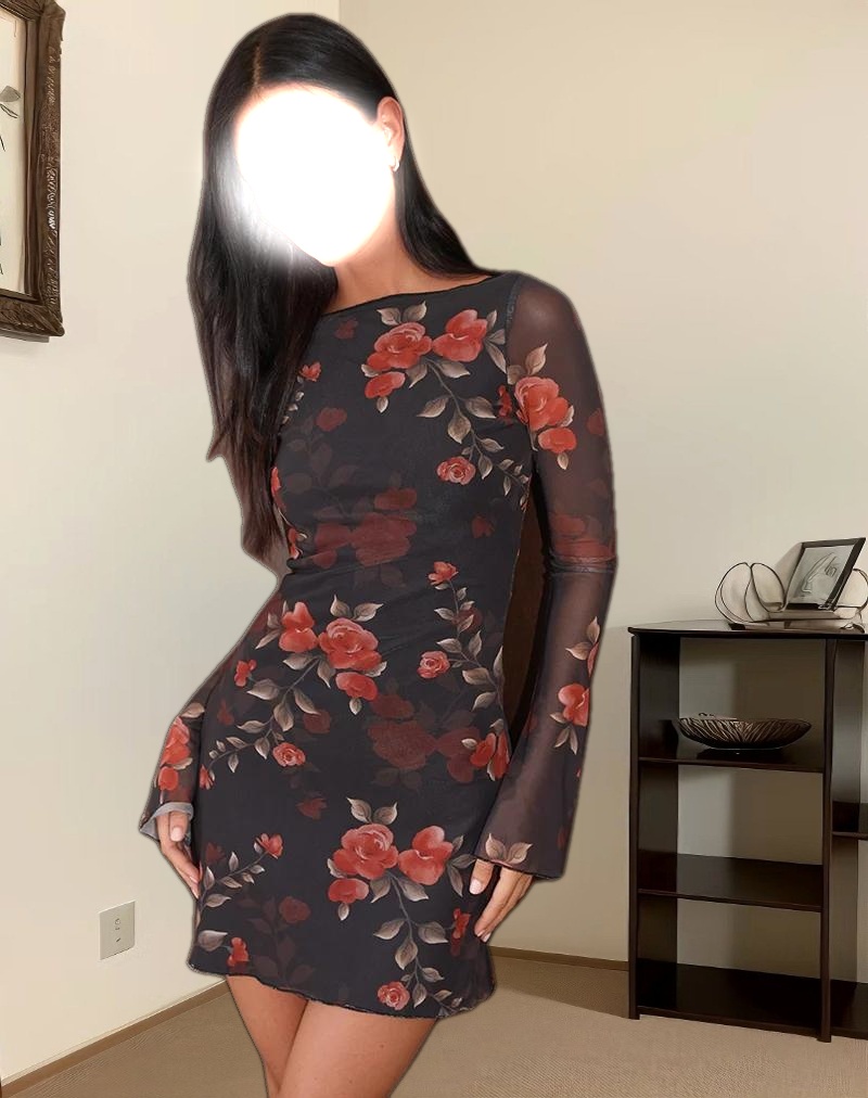 Sevila Long Sleeve Mini Dress in Black Watercolour Rose