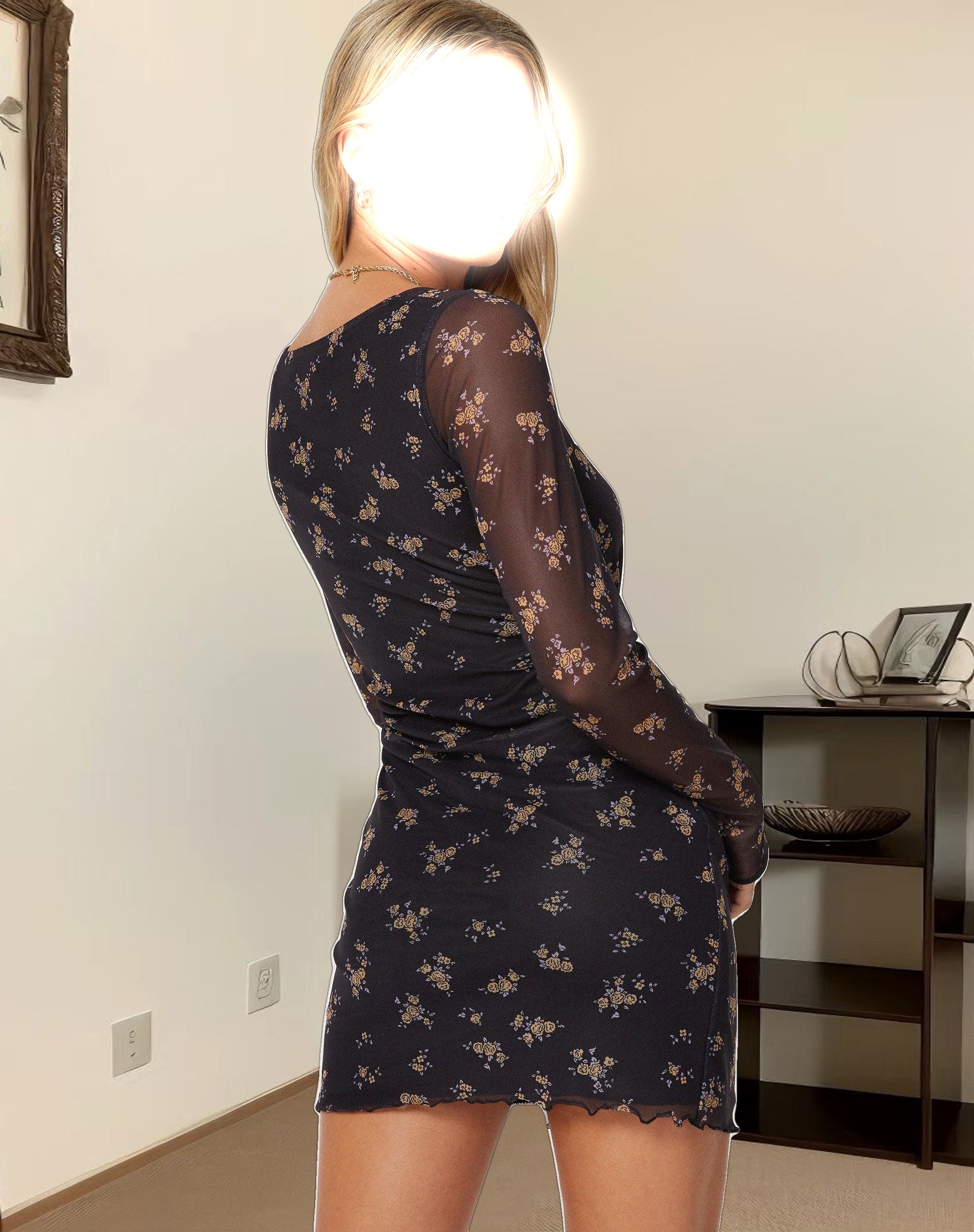 Wilem Long Sleeve Dress in Femme Floral Black and Gold