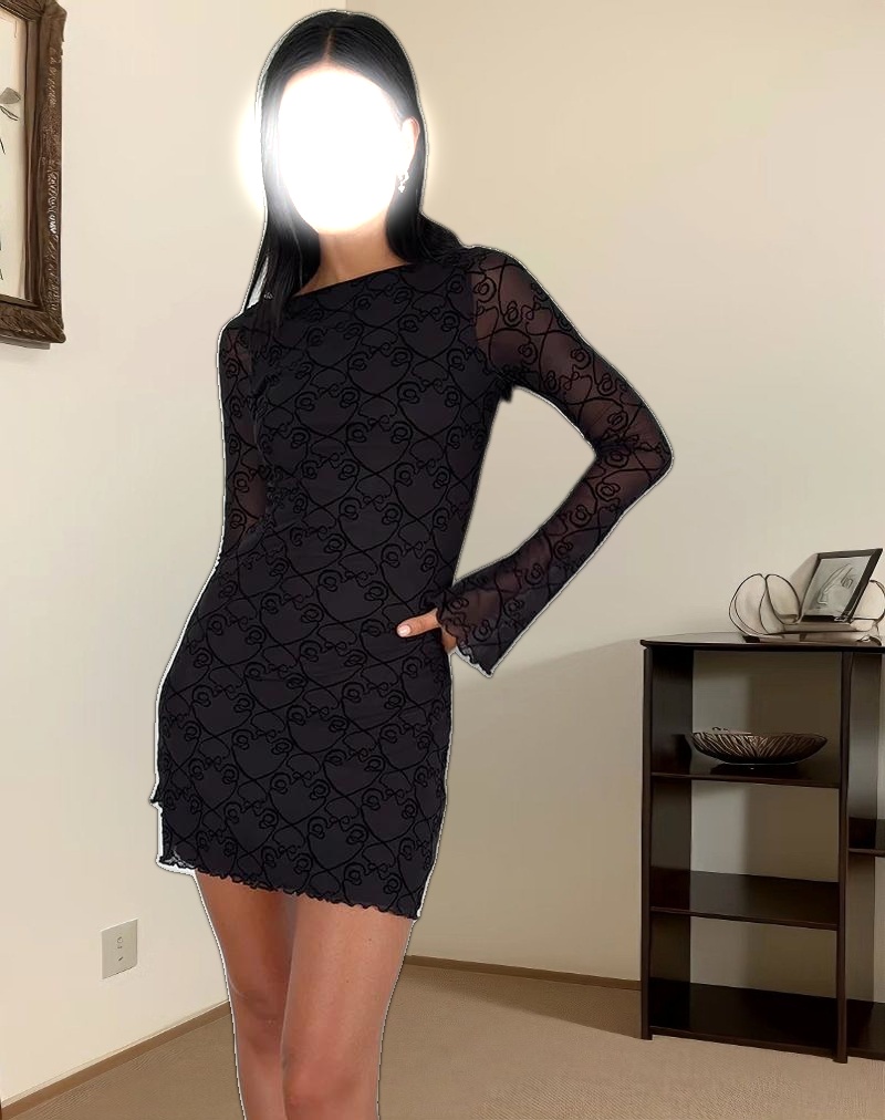 Sevila Long Sleeve Mini Dress in Black Queen of Heart Flock