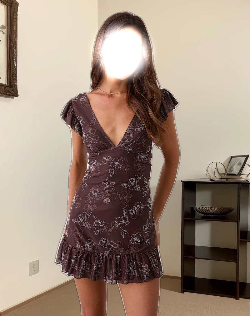 Motarika Mini Dress in Doodle Flower Flock Brown