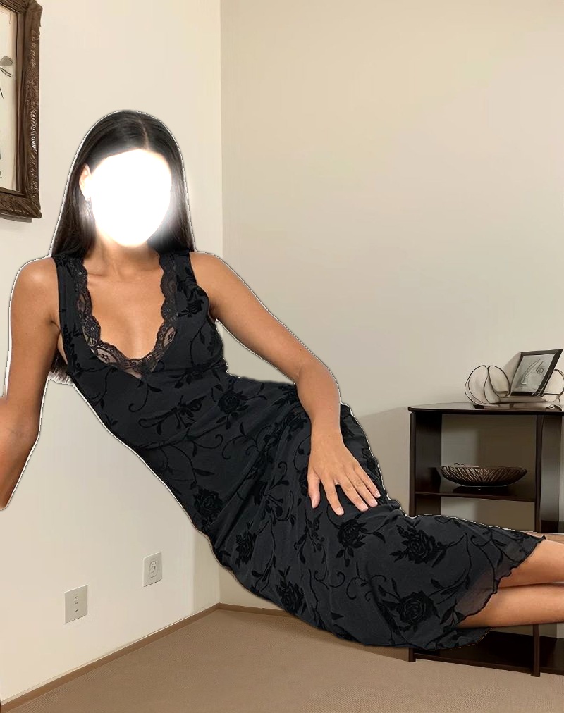 Saga Midi Dress in Rose Flock Black