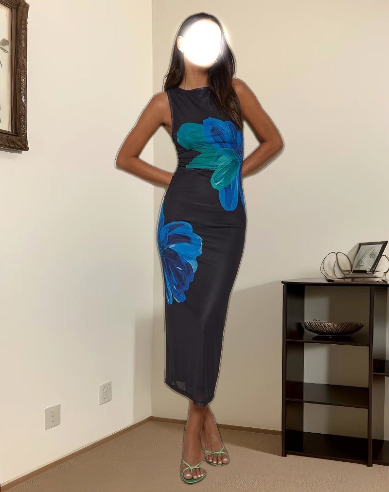 Fayola Printed Maxi Dress in Watercolour Flower Blue